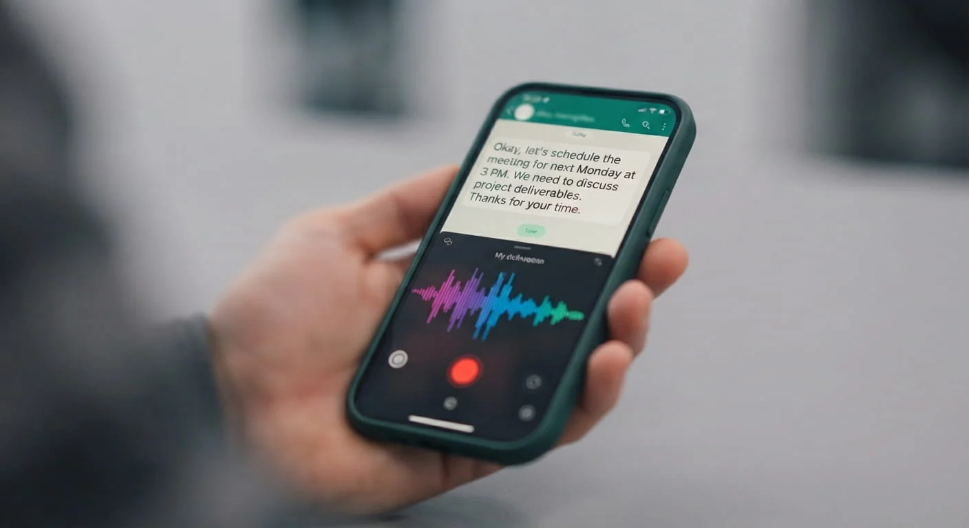 Close-up of a person holding a smartphone showing a messaging app with a transcribed voice note and an active audio waveform on the screen.