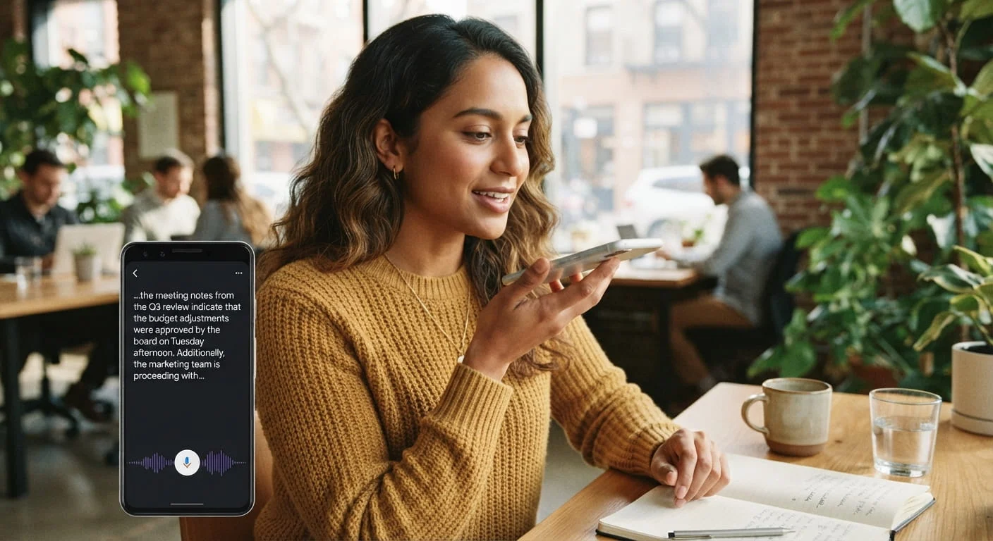 A smiling woman in a mustard yellow sweater sitting at a cafe table, holding her smartphone close to her mouth to record a voice message while a transcription appears on a nearby phone screen.