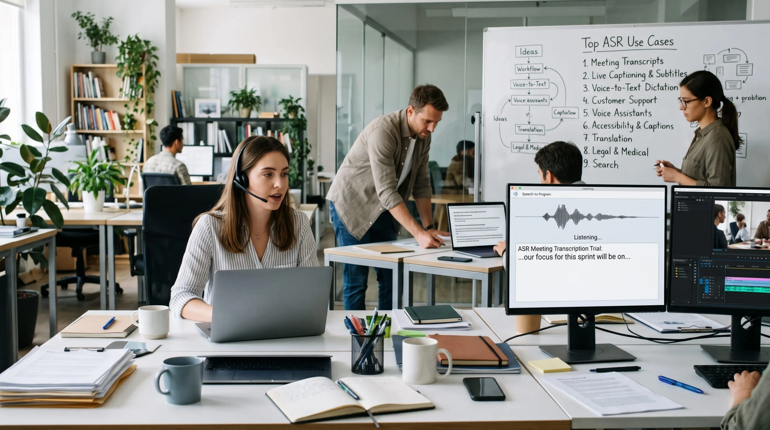 A team of professionals collaborates in an active office on Automatic Speech Recognition (ASR) use cases, featuring a woman on a voice-to-text headset and a background whiteboard listing key workflows like meeting transcripts and live captions