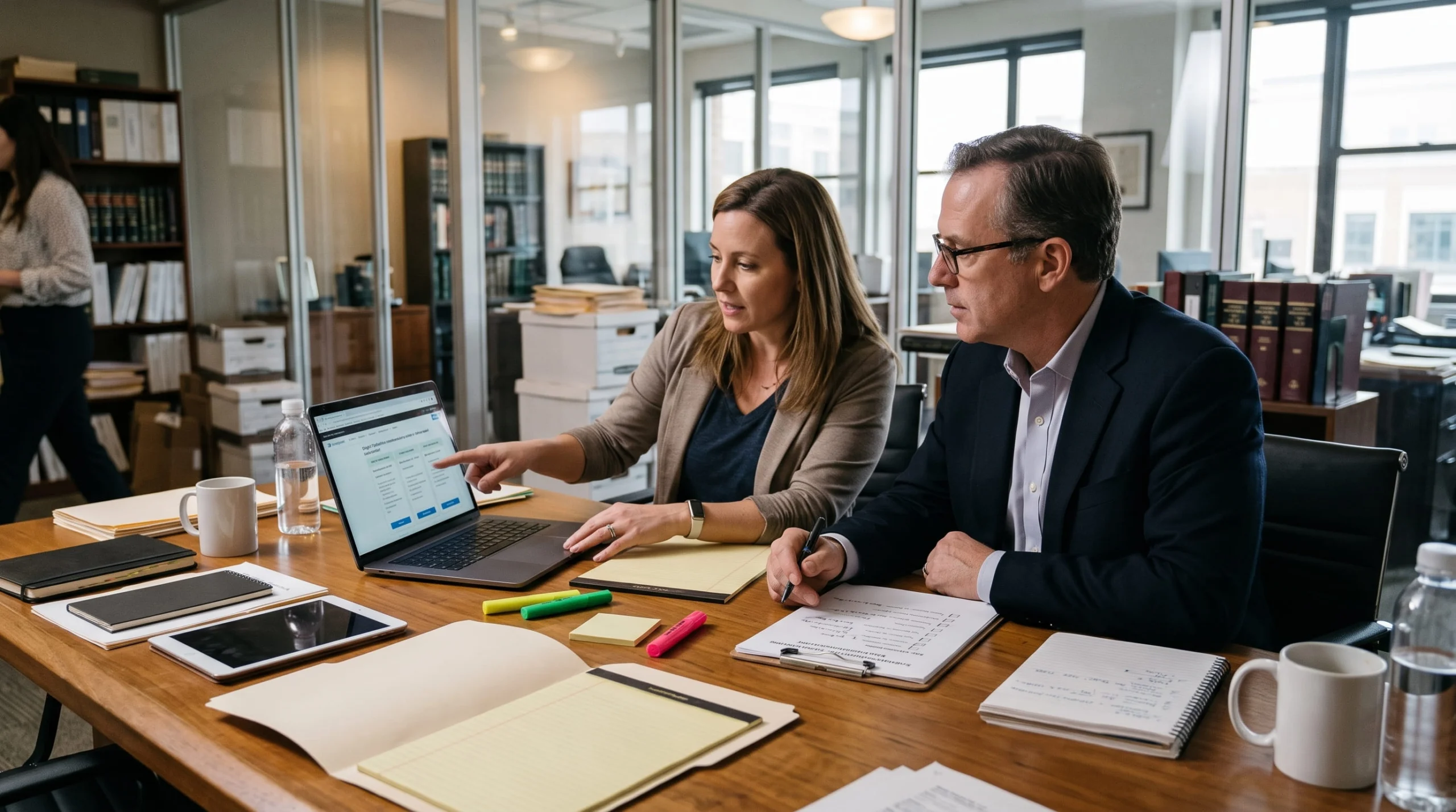 An attorney and a legal administrator compare service features on a laptop and review a checklist at a conference desk.
