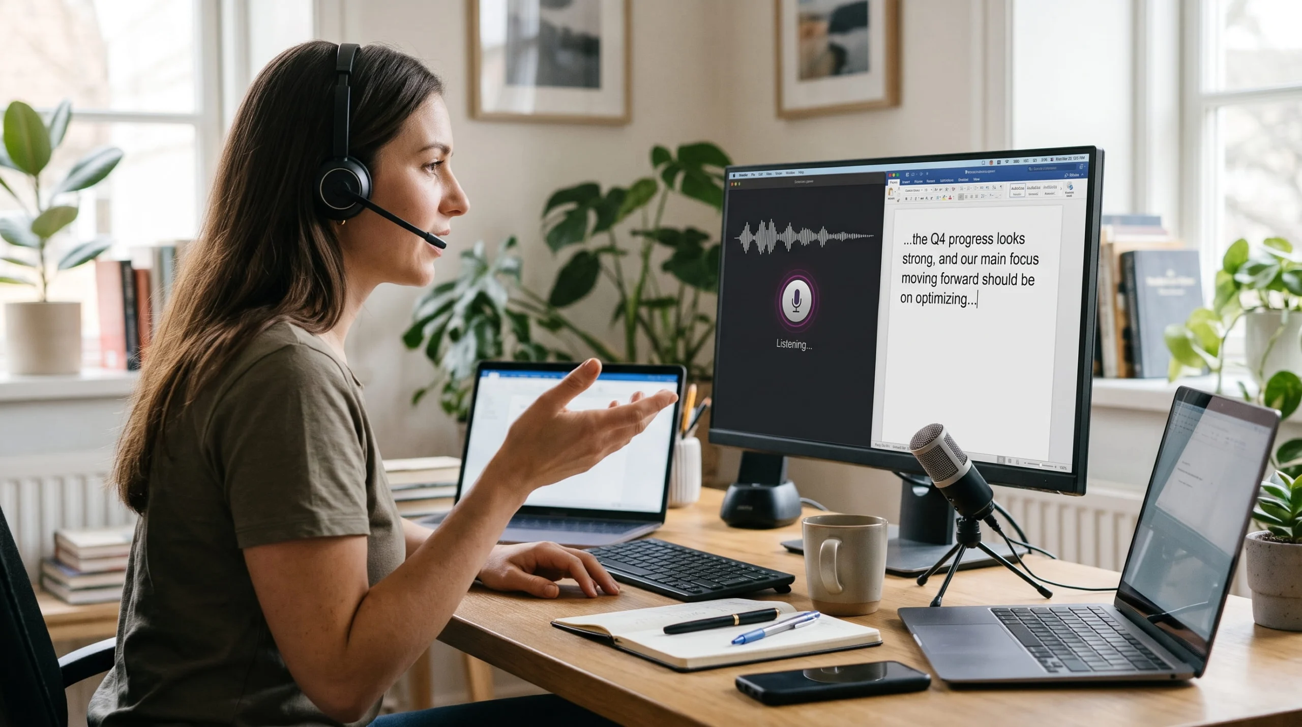 A woman in a home office wearing a headset speaks while using voice-to-text dictation software, which displays a waveform, a microphone icon, and the text she is speaking on a desktop monitor