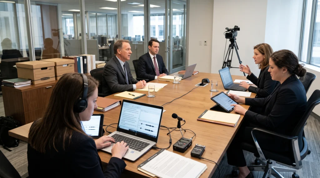 A candid view of a legal deposition in progress, with a court reporter using real-time transcription software in the foreground while attorneys and a witness collaborate around a conference table with capture equipment and displays.