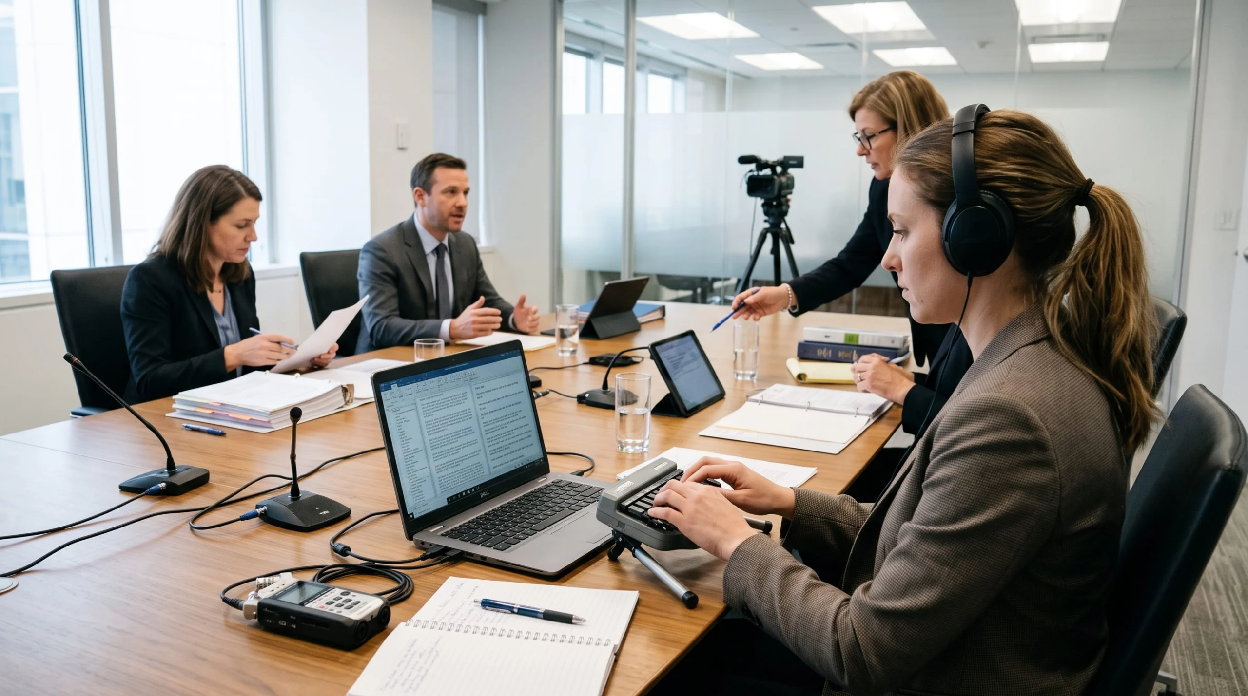 A court reporter in headphones types on a stenotype device connected to a laptop during an active deposition with attorneys around a conference table.