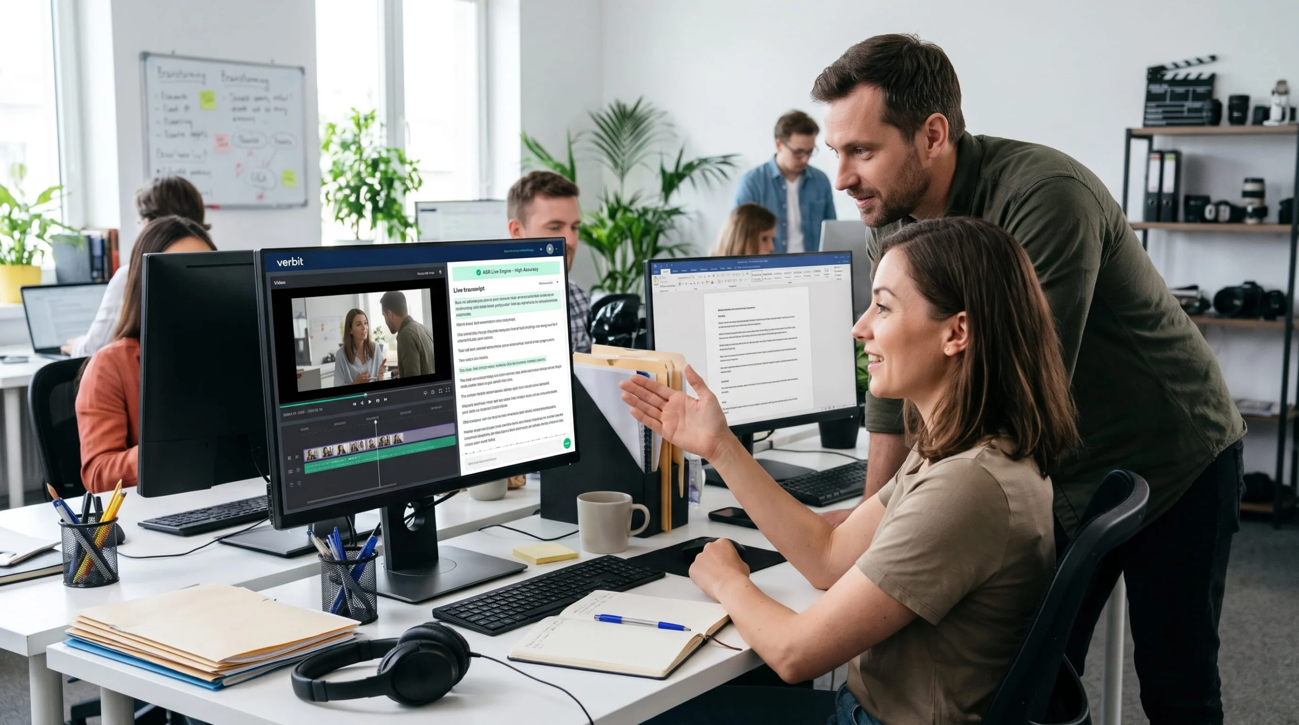 Two media professionals collaborate at a desk, looking impressed as they review highly accurate, real-time speech-to-text transcription generated by Verbit's ASR software on their screens in a bustling, modern production office