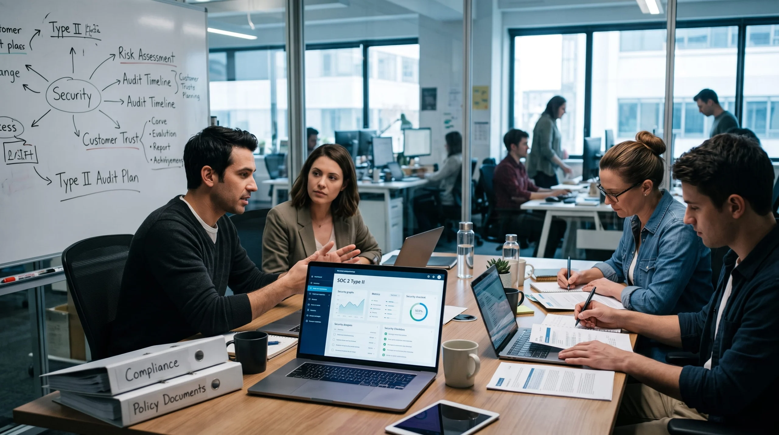 A business team meets around a conference table to review security and Type II audit plans shown on a laptop and a large whiteboard