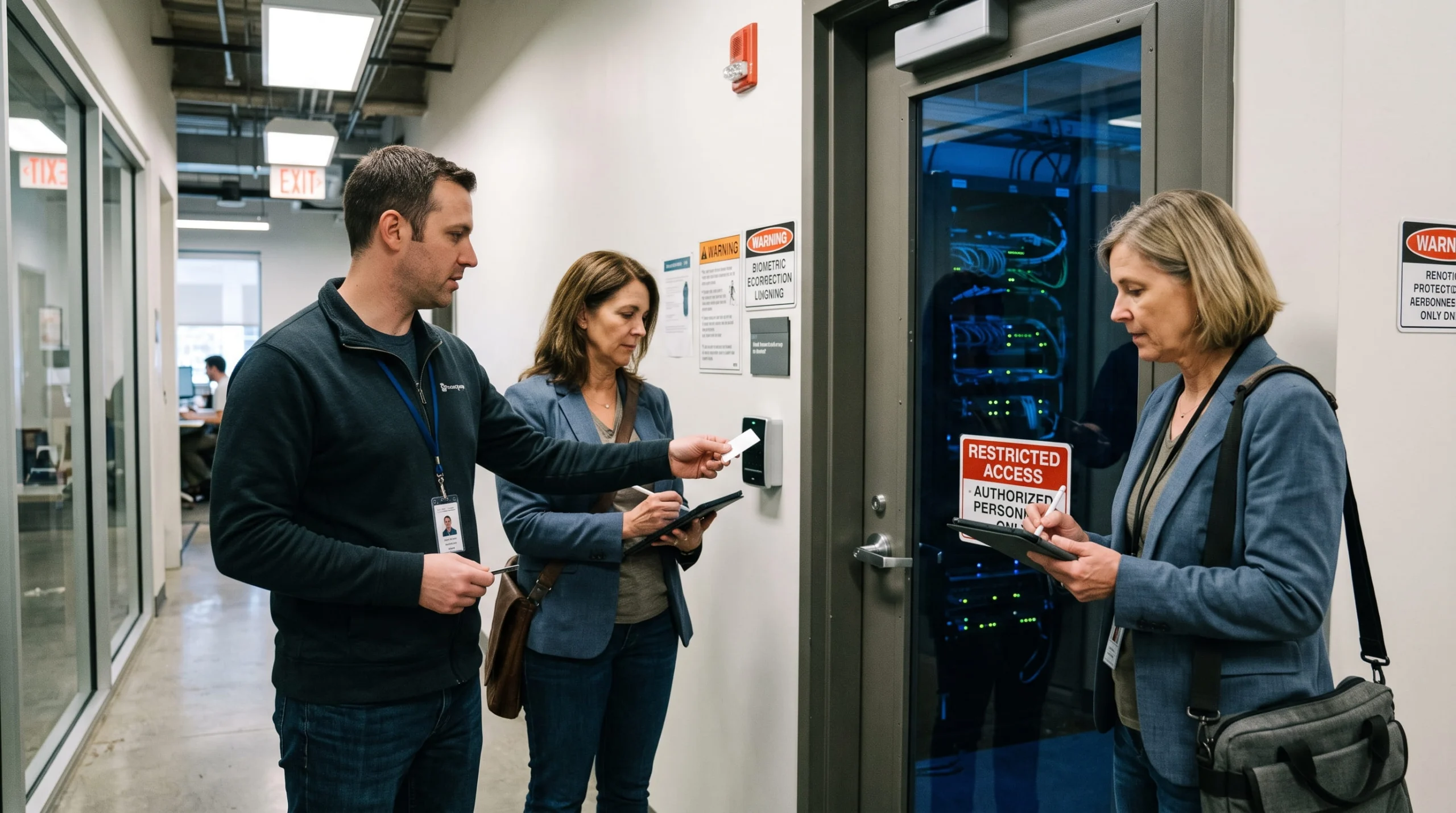 An IT professional shows access control and badge scanner procedures at a server room door to an auditor taking notes on a tablet.