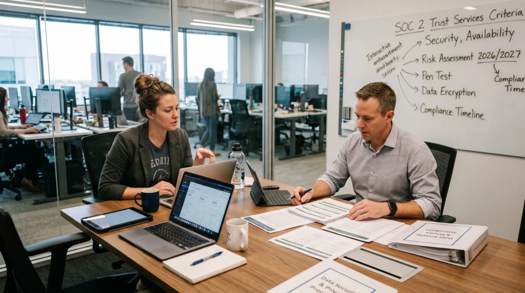 Two professionals collaborate at a conference table, reviewing digital and physical security policies, checklists, and compliance timelines