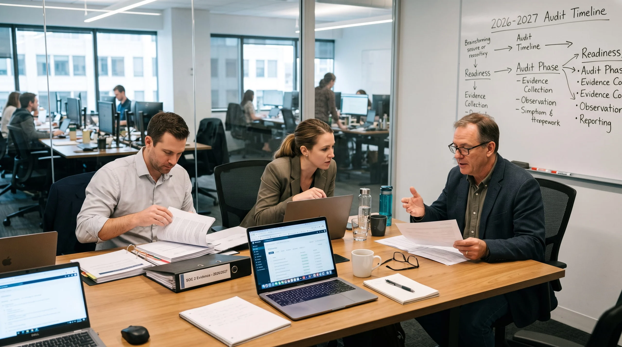 Team members and an auditor work at a table covered in binders and laptops, reviewing audit phase evidence and timeline checklists