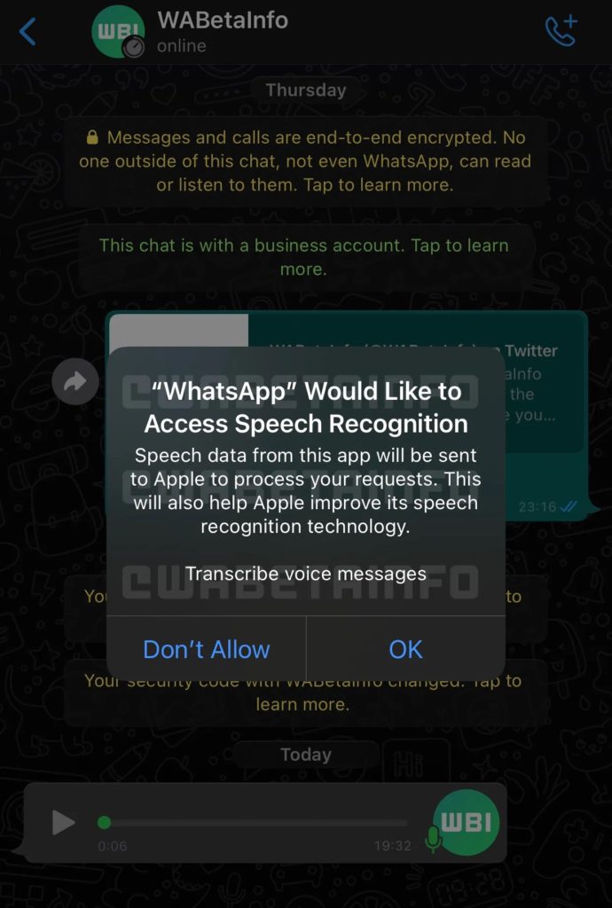 Screenshot from WhatsApp that explains how speech data from the app will be sent to Apple to process transcription requests. Image: WABetaInfo