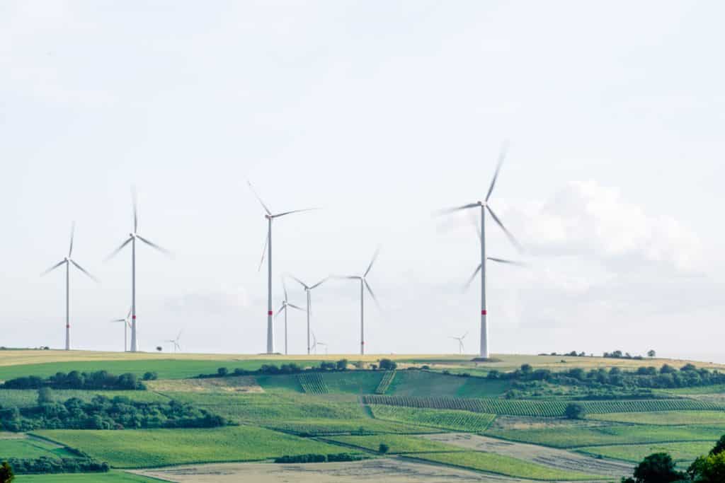 Windmills and green fields