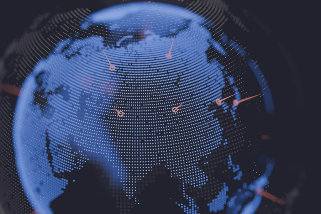 A close-up, abstract visualization of the Earth made of countless glowing blue dots on a dark background. The scene highlights several specific locations—primarily across Asia and Europe—with orange connection lines, illustrating data transmission and global networking.