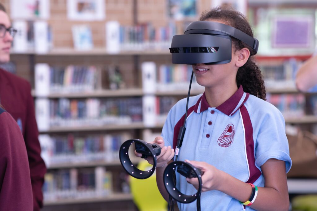 Young girl with a VR headset