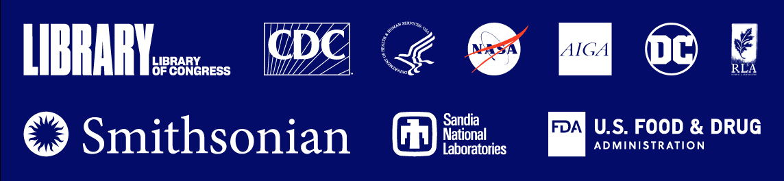 Logos for the Library of Congress, CDC, NASA, AIGA, DC, RLA, the Smithsonian, Sandia National Laboratories and the US Food and Drug Administration