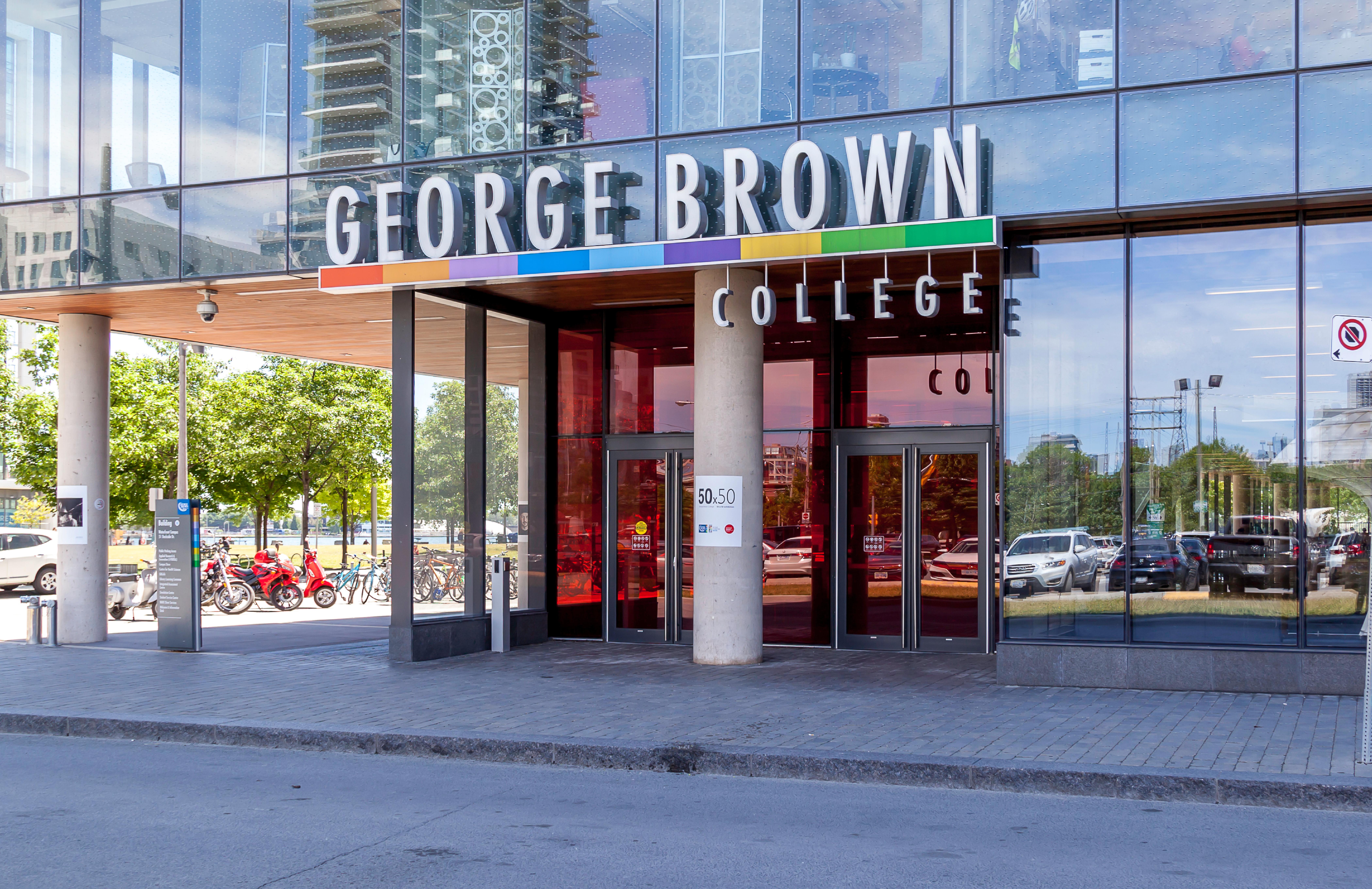 Entrance to a building with a colorful George Brown College sign