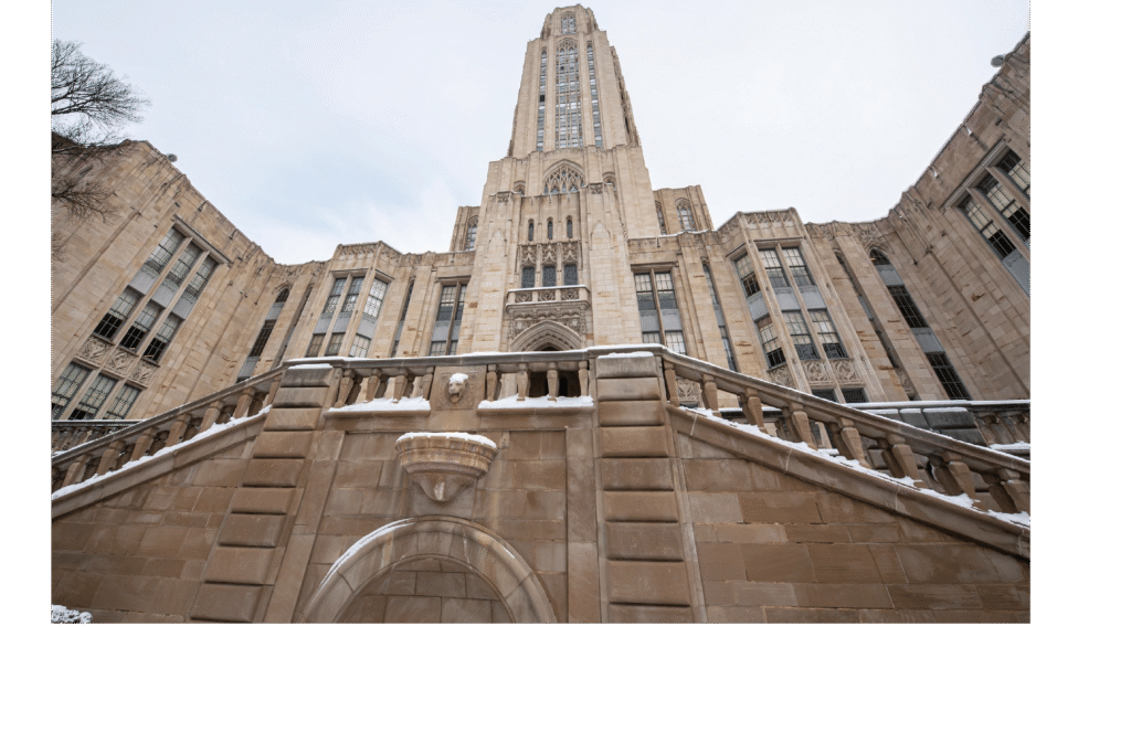 Historic stone building with Gothic architecture and a tall central tower, photographed from a low angle showing ornate carvings, arched windows, and a snow‑covered staircase under an overcast sky.