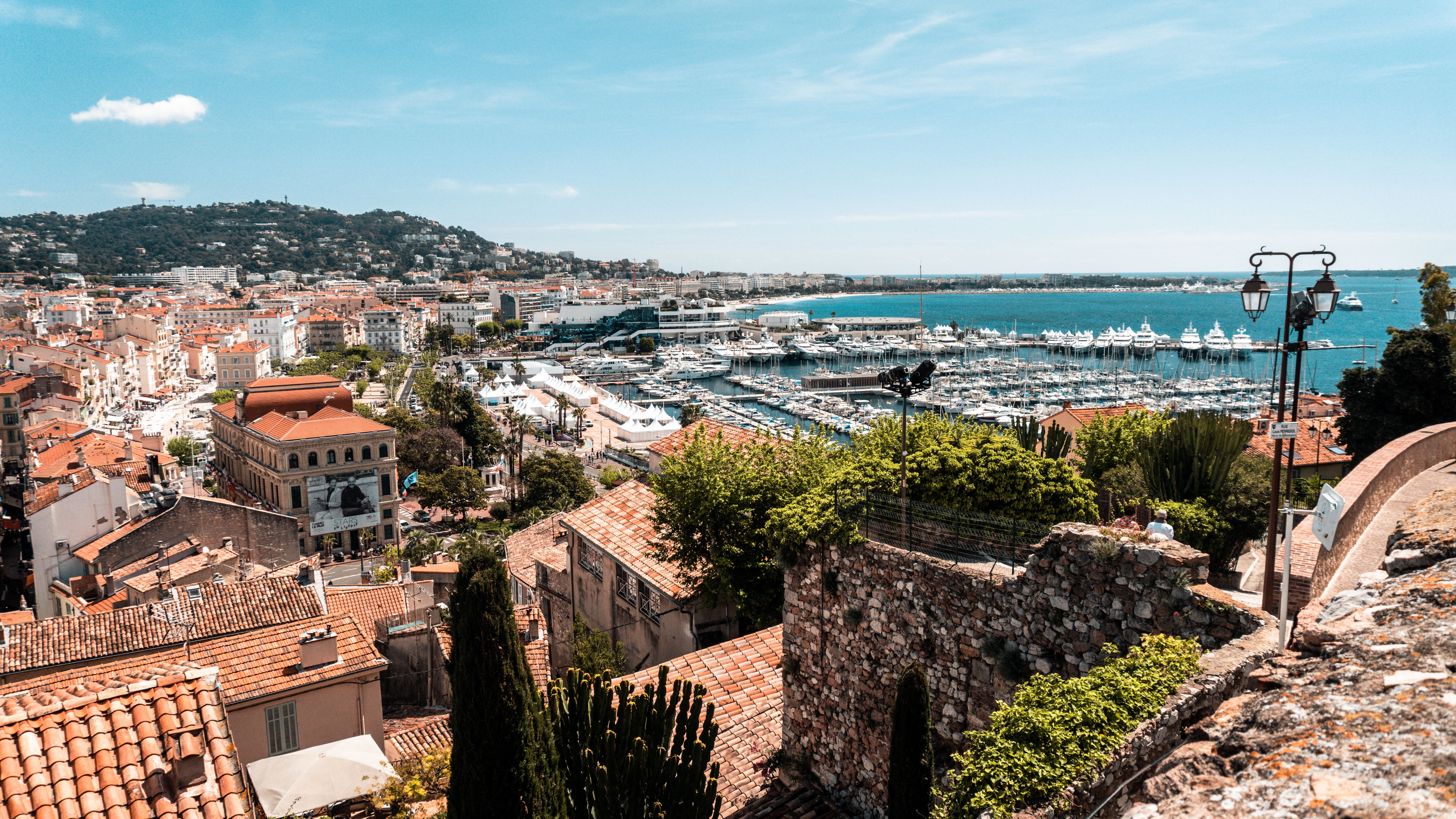 View of neighborhood and water in Cannes, France.
