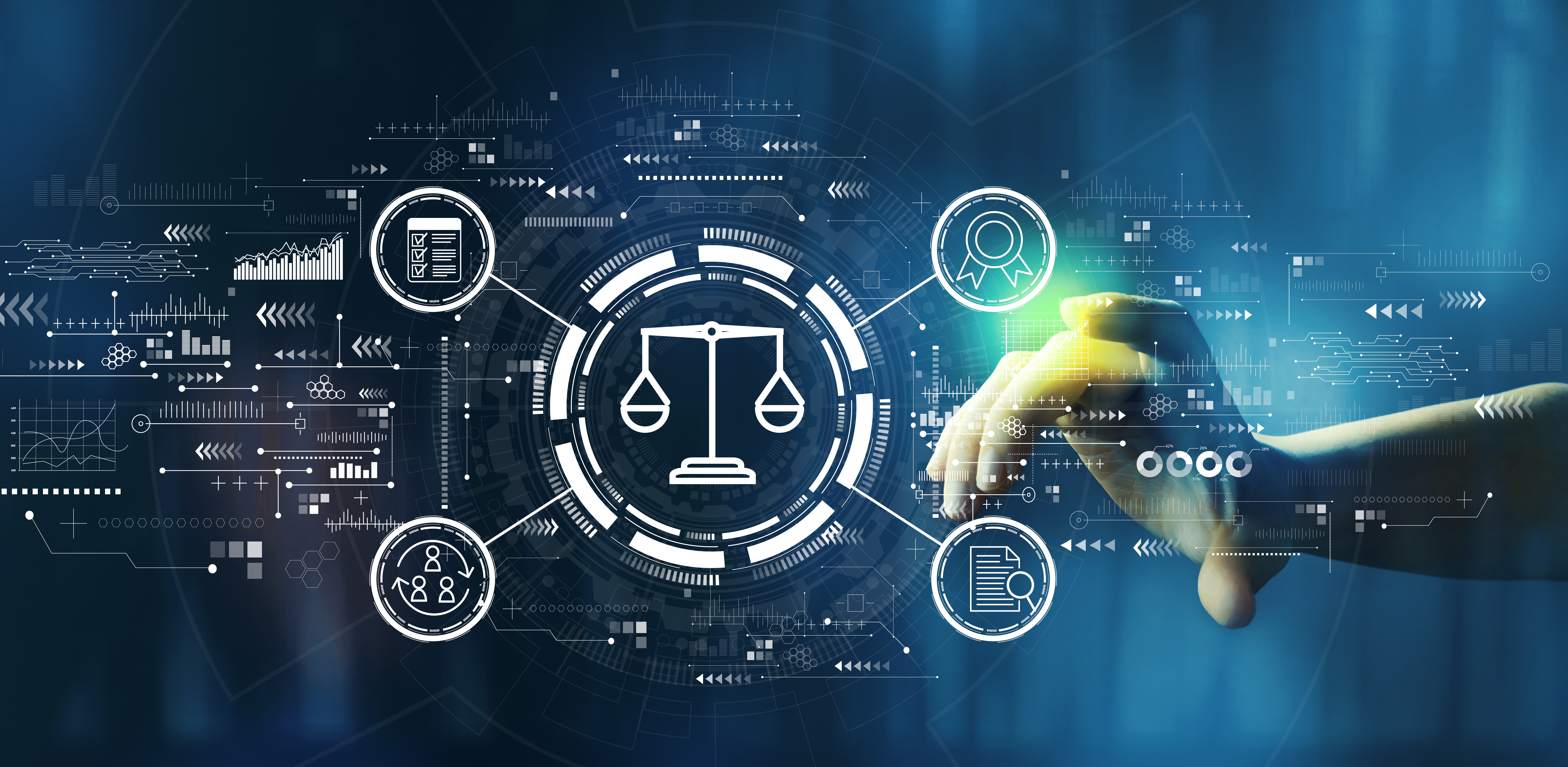 a legal scale digital image with a hand reaching out to the icons suggesting the use of AI for legal purposes