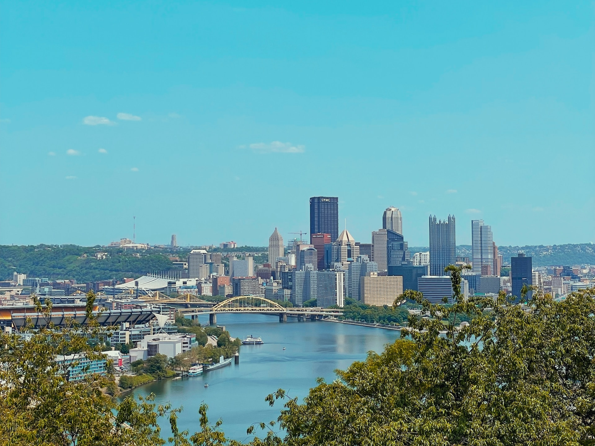 Chatham University is in Pittsburgh, pictured here including a river and yellow bridge