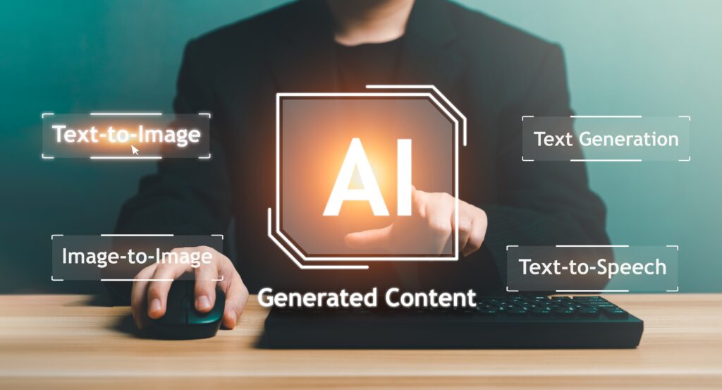 a person pointing to "AI" on a screen with "generated content" below
