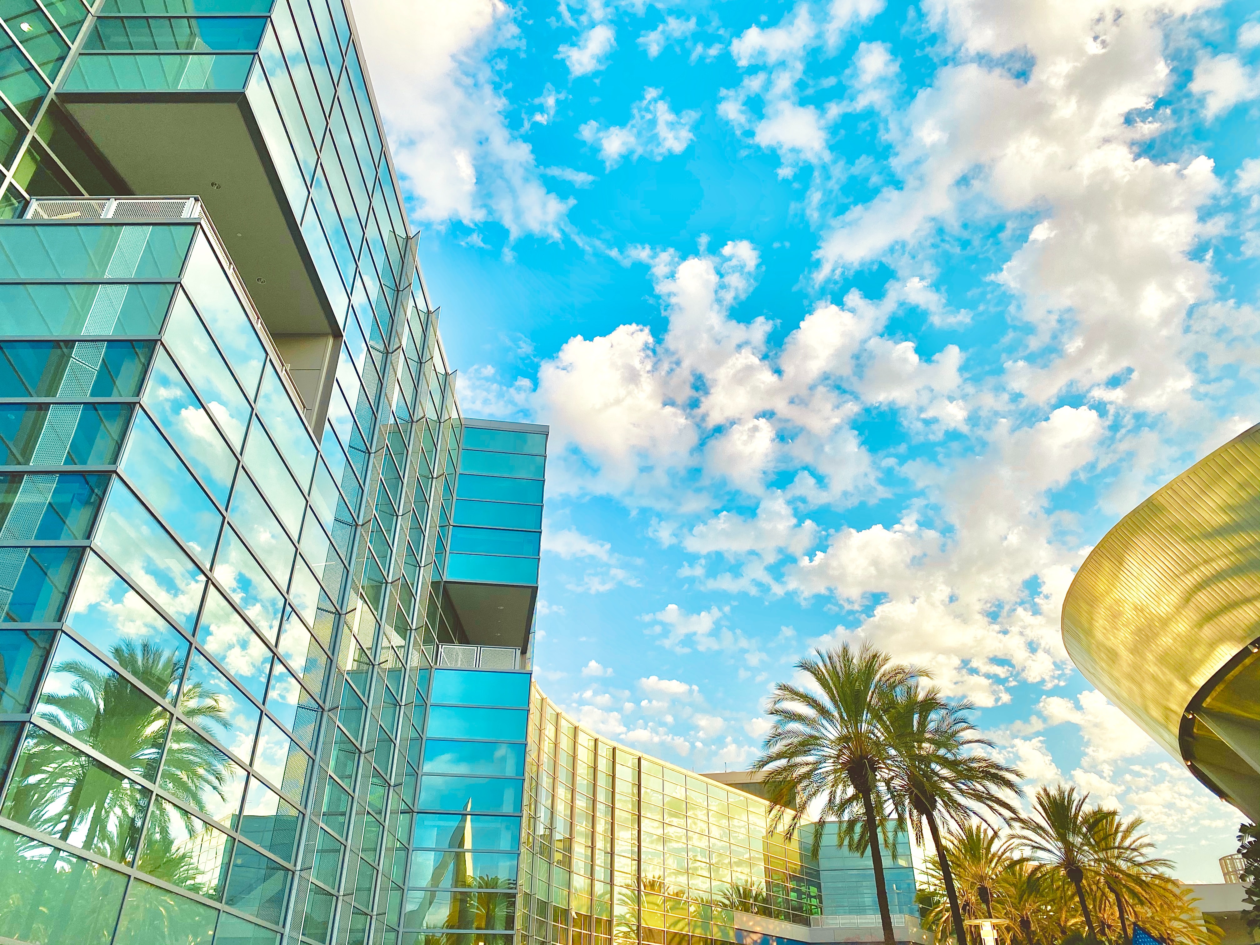 An image of the Anaheim Convention Center is shown with a blue sky and clouds and palm trees.