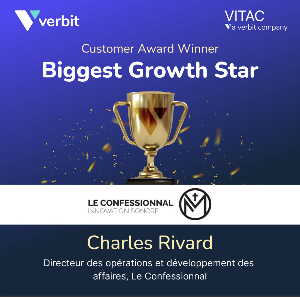 award badge that says "customer award ceremony Biggest Growth Star Le Confessional Charles Rivard Directeur des operations et developpement des affaires, Le Confessional"