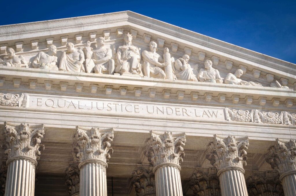 the Supreme Court building with text that reads "equal justice under law"