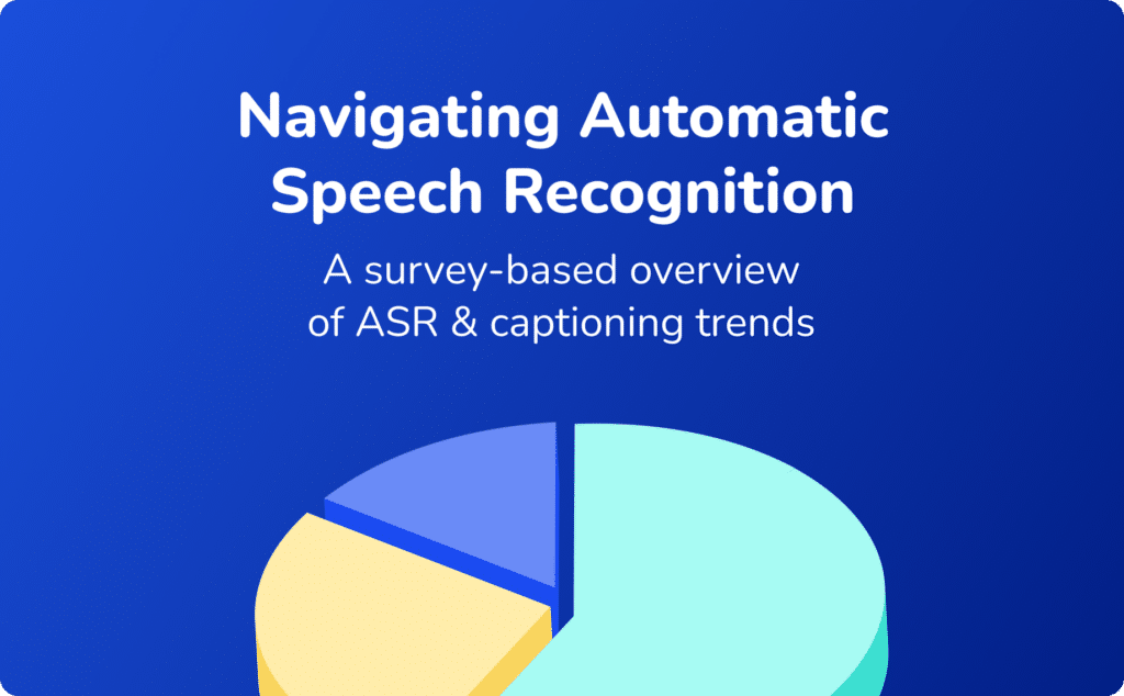 A blue image showcasing a pie chart at the bottom reads 'Navigating Automatic Speech Recognition' A survey-based overview of ASR & captioning trends