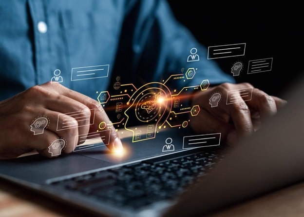 Man's hands on a keyboard. Tech images and graphics overlay the screen.