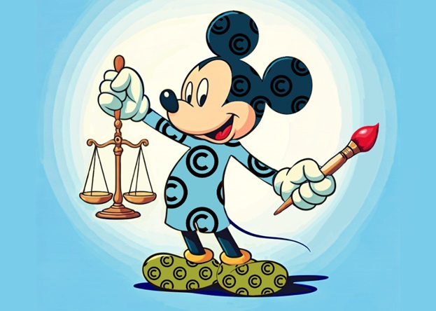 A cartoon image of Mickey Mouse, wearing clothing adorned with copyright logos (a small 'C' inside of a circle) holding legal scales in one hand, a paint brush in another