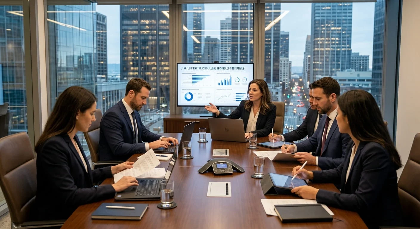 Corporate professionals in a boardroom discussing "Legal Technology Initiatives" shown on a screen.