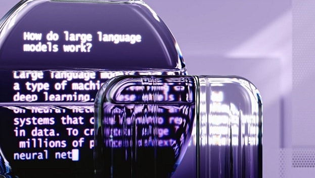 A computer screen viewed behind thick chunks of glass. The words on the screen are distorted but the question 'how do large language models work?' can be clearly seen.