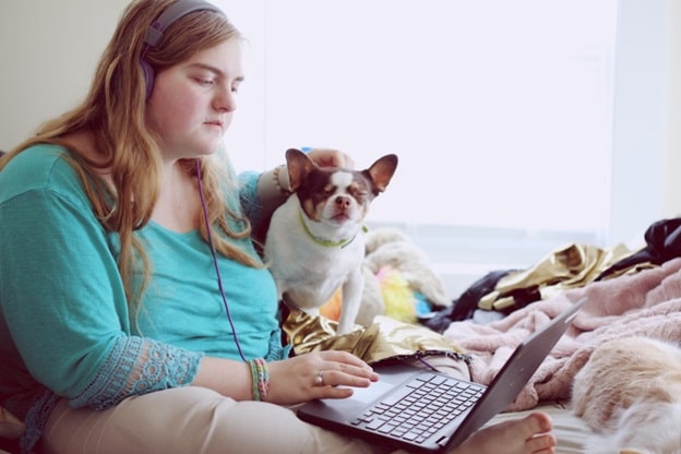 A woman wearing a blue shirt and headphones sits and works on a laptop, situation on her lap. A dog with large ears sits next to her.