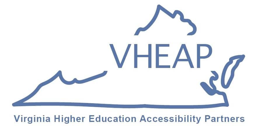 VHEAP Logo showing the state of Virginia outlined in blue against a white background. The word Virginia Higher Education Accessibility Partners is in blue beneath it.