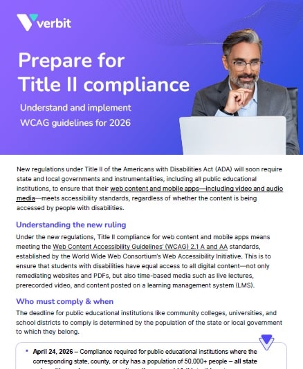 Cover of Verbit's ADA Title II whitepaper, showing a man in the top right corner looking at a computer screen.