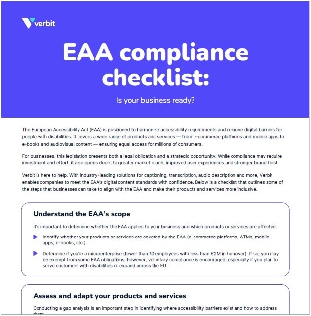 Cover image of Verbit's EAA compliance checklist with a blue header block with white text reading 'EAA Compliance Checklist: Is Your Business Ready?'