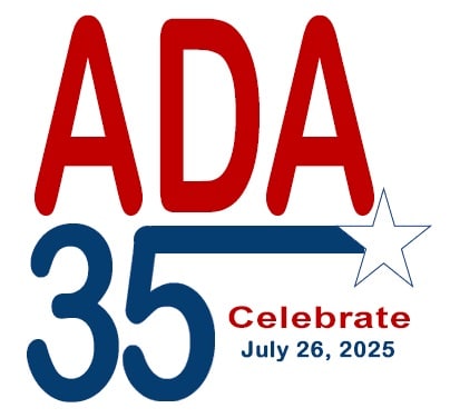 ADA 35th anniversary logo with the letters ADA in red above a blue '35.' The words 'Celebrate, July 26, 2025' are in the lower right corner
