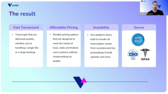 Screenshot from Legal transcription webinar showing Verbit's strengths in the sector, including turnaround, pricing, security and scalability