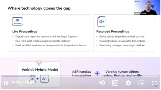 A screenshot from Verbit's legal transcription webinar showing Verbit's offerings