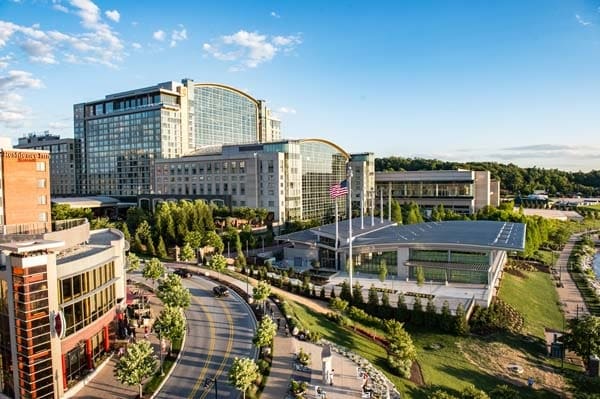 Aerial view of National Harbor, Maryland's hotel and convention center