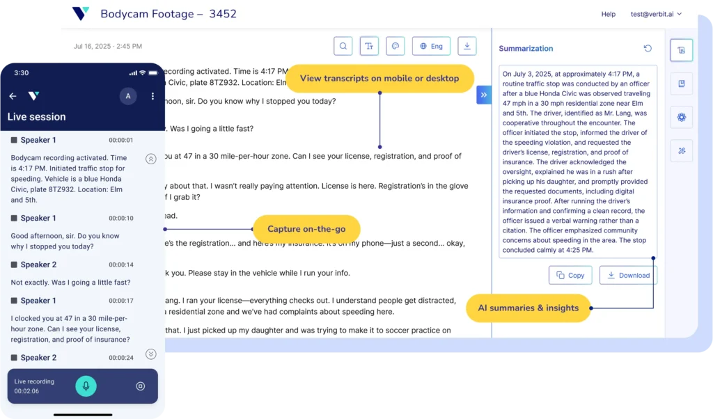 A view of Verbit's transcription offering with AI insights and mobile view