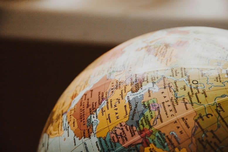 A close-up view of a world globe.
