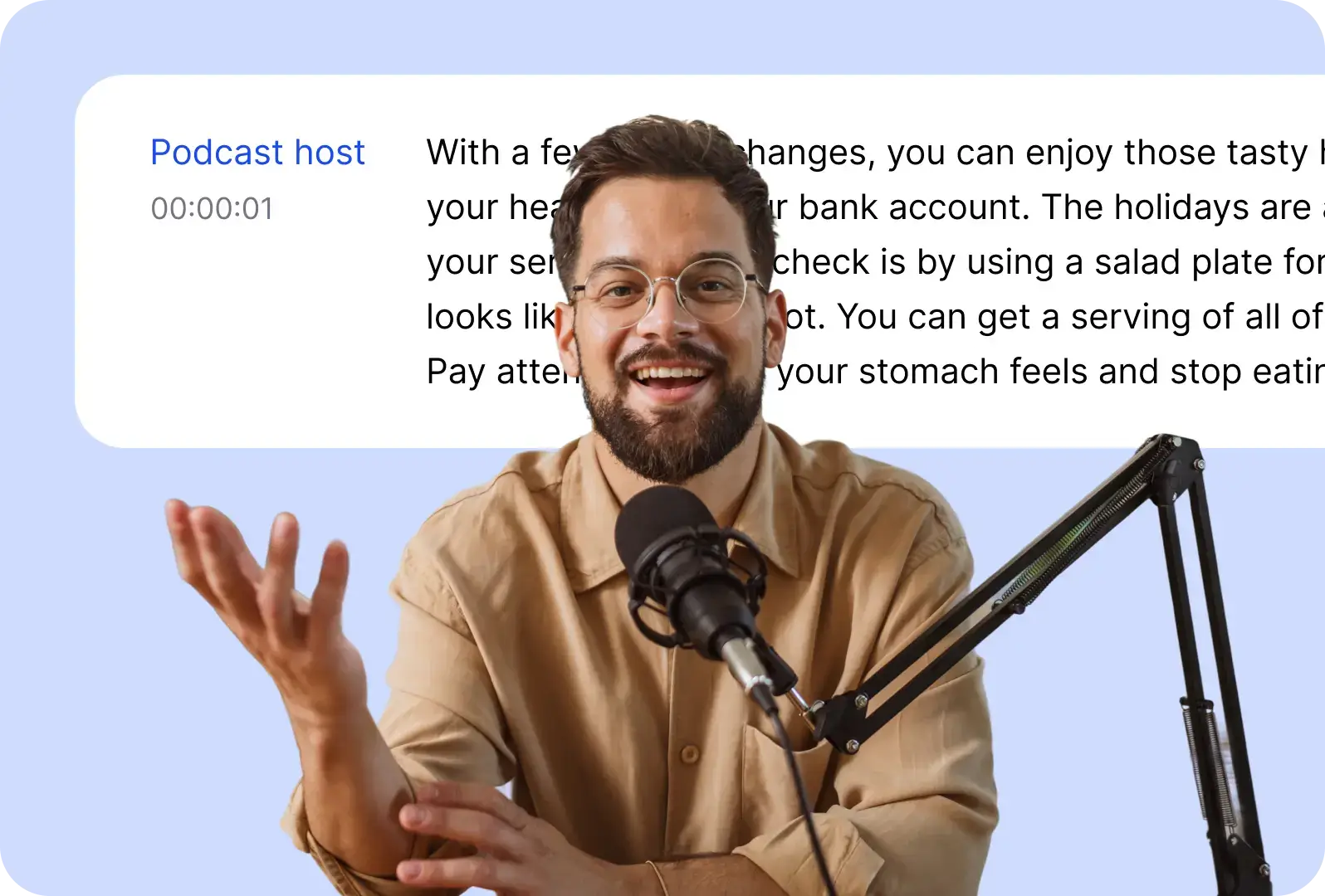 A middle aged man with facial hair is seen gesturing with one hand while he speaks into a stationary microphone. A graphic behind him shows text of a transcript generating while he speaks.