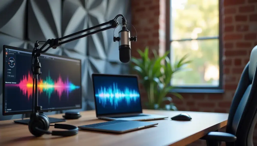 A laptop and desktop are shown with sound waves on each screen and a standing desk microphone
