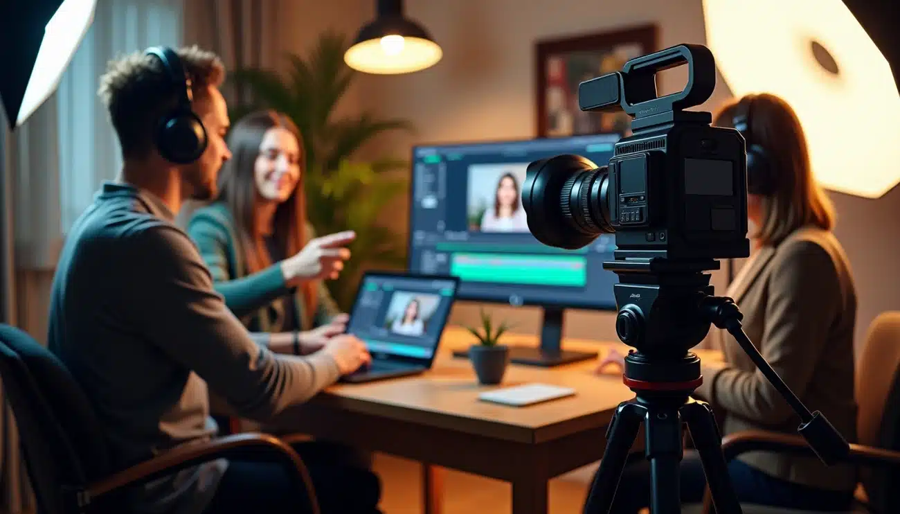 A group of media professionals is shown sitting around doing a shoot looking like a podcast while filming it