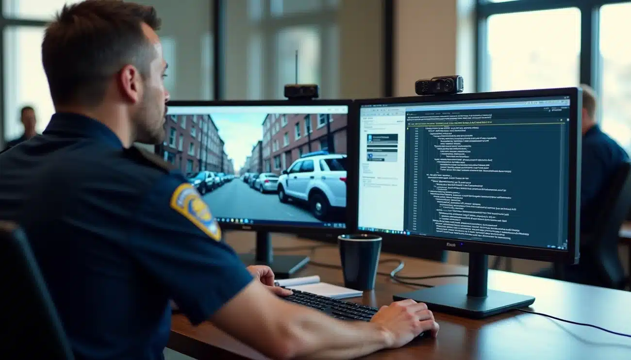 The back of a police officer is seen sitting at a desk using two monitors with AI technology displayed.