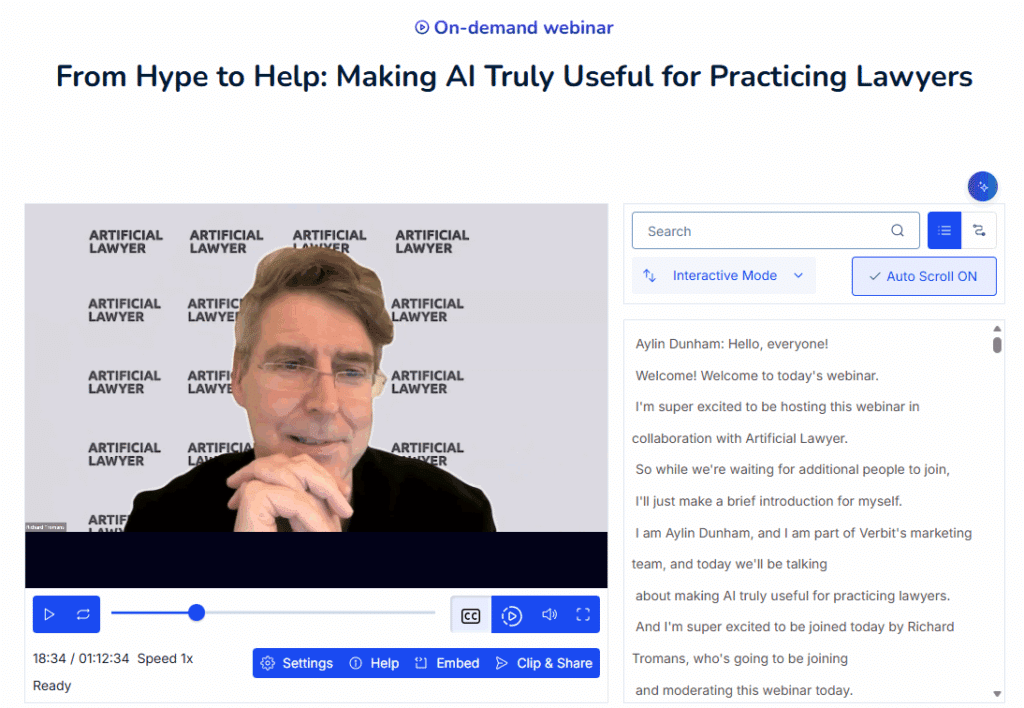 Richard Tromans, Founder of Artificial Lawyer shown speaking on Verbit webinar with a background that has the Artificial Lawyer logo multiple times