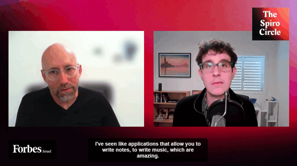 Video from a podcast episode of The Spiro Circle showcases Verbit CEO Yair Amsterdam on the left and James Spiro on the right as they discuss AI in the courtroom and Verbit Legal Visor