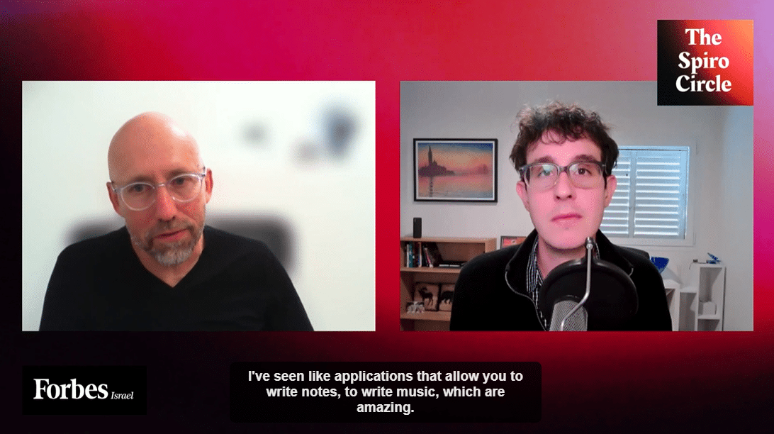 Video from a podcast episode of The Spiro Circle showcases Verbit CEO Yair Amsterdam on the left and James Spiro on the right as they discuss AI in the courtroom and Verbit Legal Visor