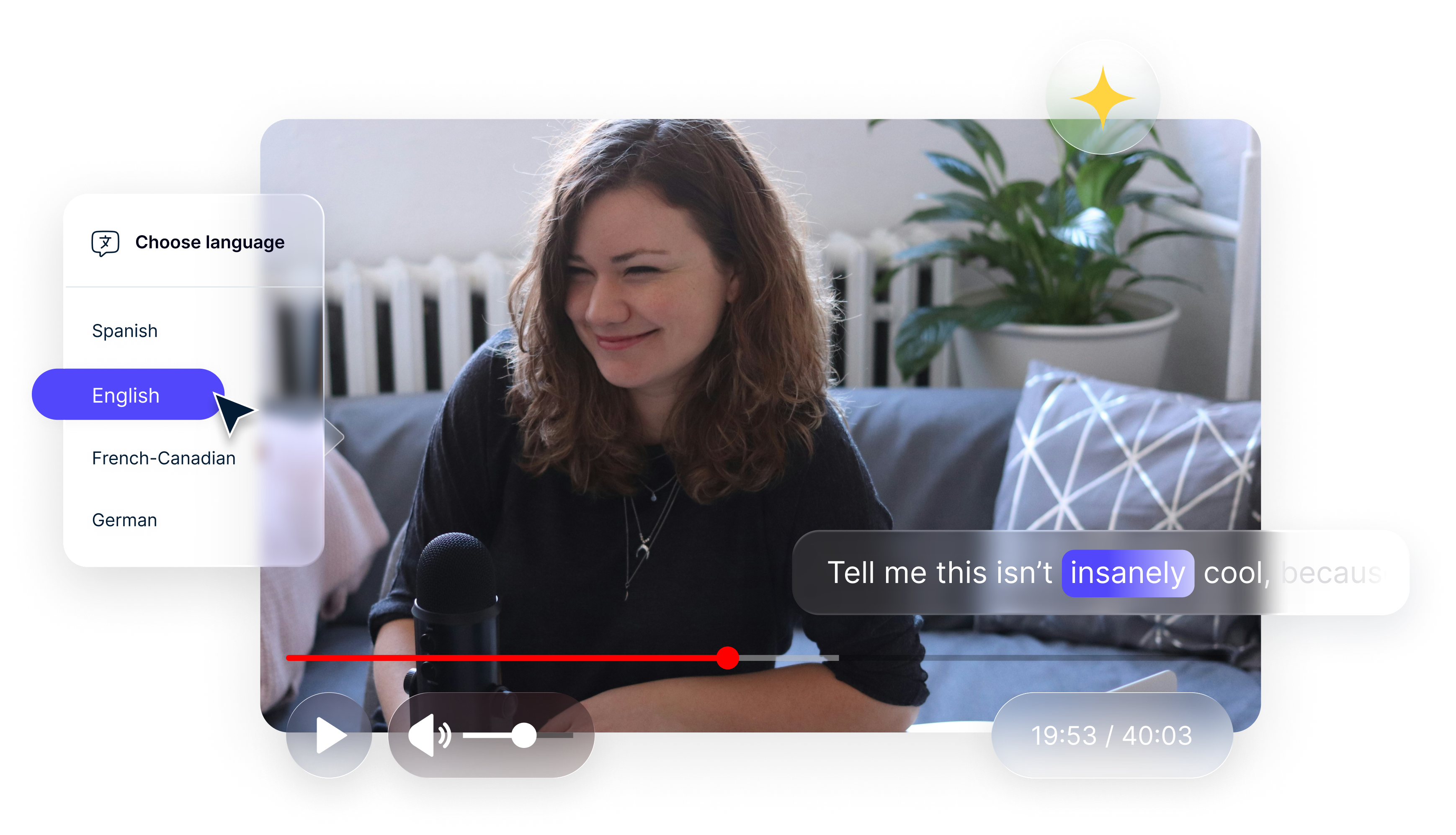 A video is featured of a young woman with wavy short hair is smiling while turning to her side while the dialogue from the video is being translated for localization with text bubbles visible