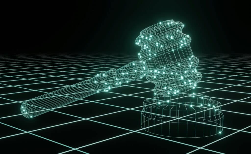 A futuristic graphic of AI nodes in the shape of a legal gavel